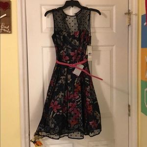 Eliza J floral dress with polka dot mesh overlay